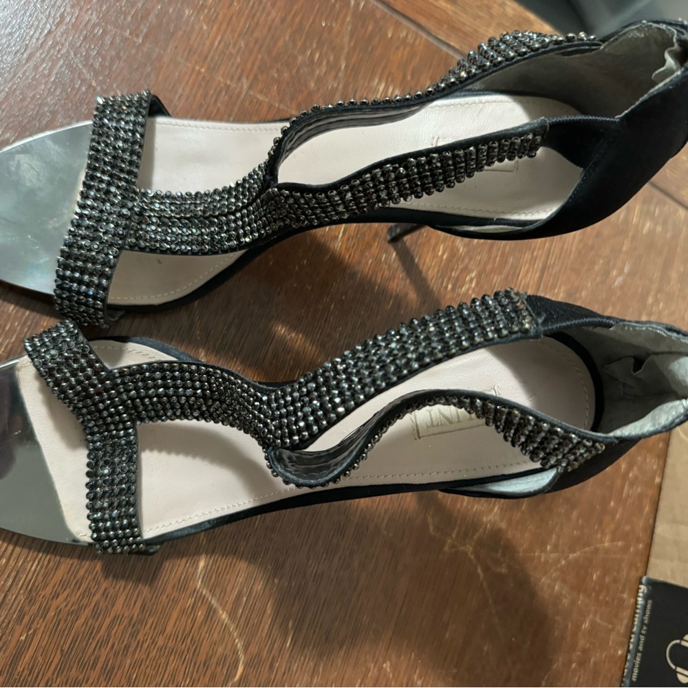 Black jeweled T- strap heels